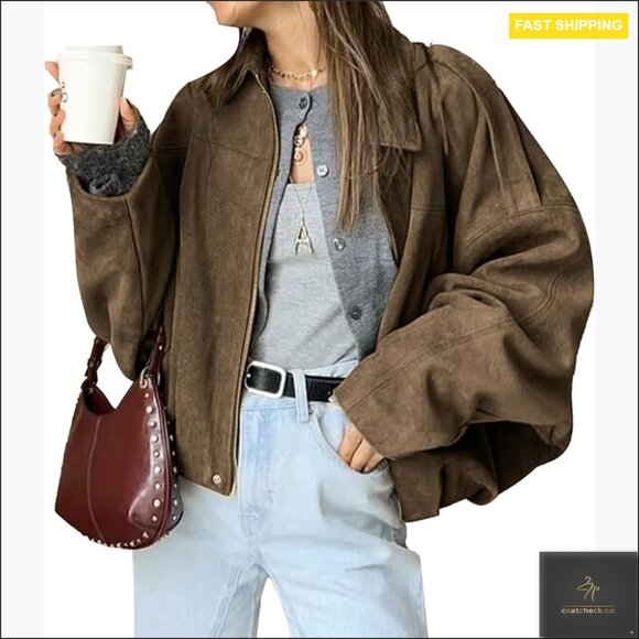 Jackets & Blazers - Oversized Faux Suede Bomber Jacket Long Sleeve Zipper Casual Outerwear